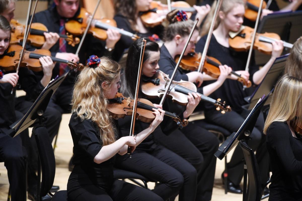 NYOS Symphony Orchestra performance complete with tartan corsages at Glasgow City Halls, April 2015