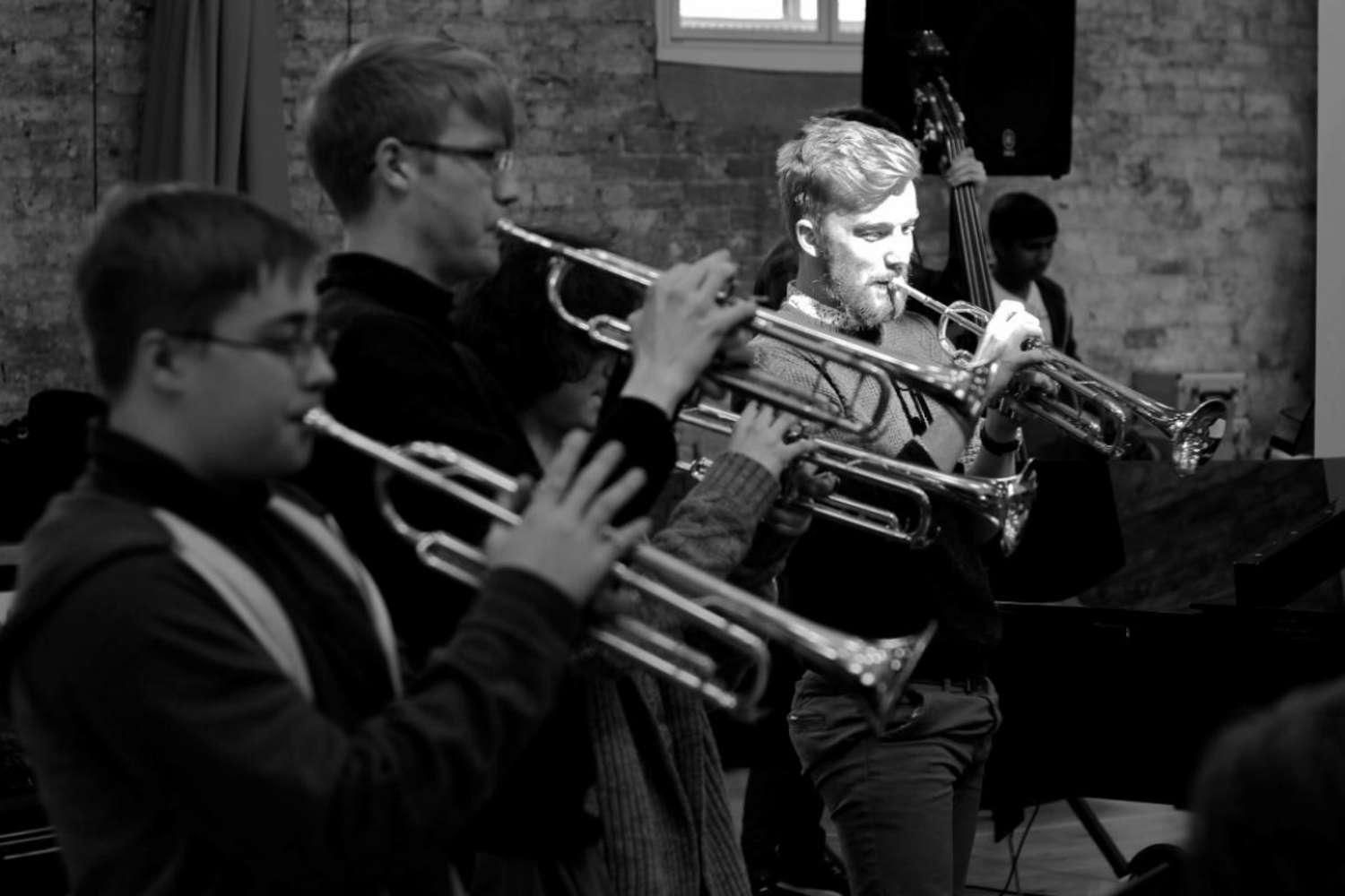 NYOS Jazz Orchestra trumpets rehearsing ahead of the Double Big Band performance at HallÃ© St Peter's, Manchester