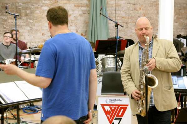 NYOS Jazz Orchestra with Iain Dixon rehearsing ahead of the Double Big Band performance at HallÃ© St Peter\'s, Manchester