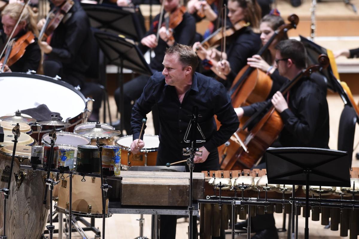 Percussionist Colin Currie rushes on to the stage as if late, to begin his performance of Andrew Norman\'s Switch