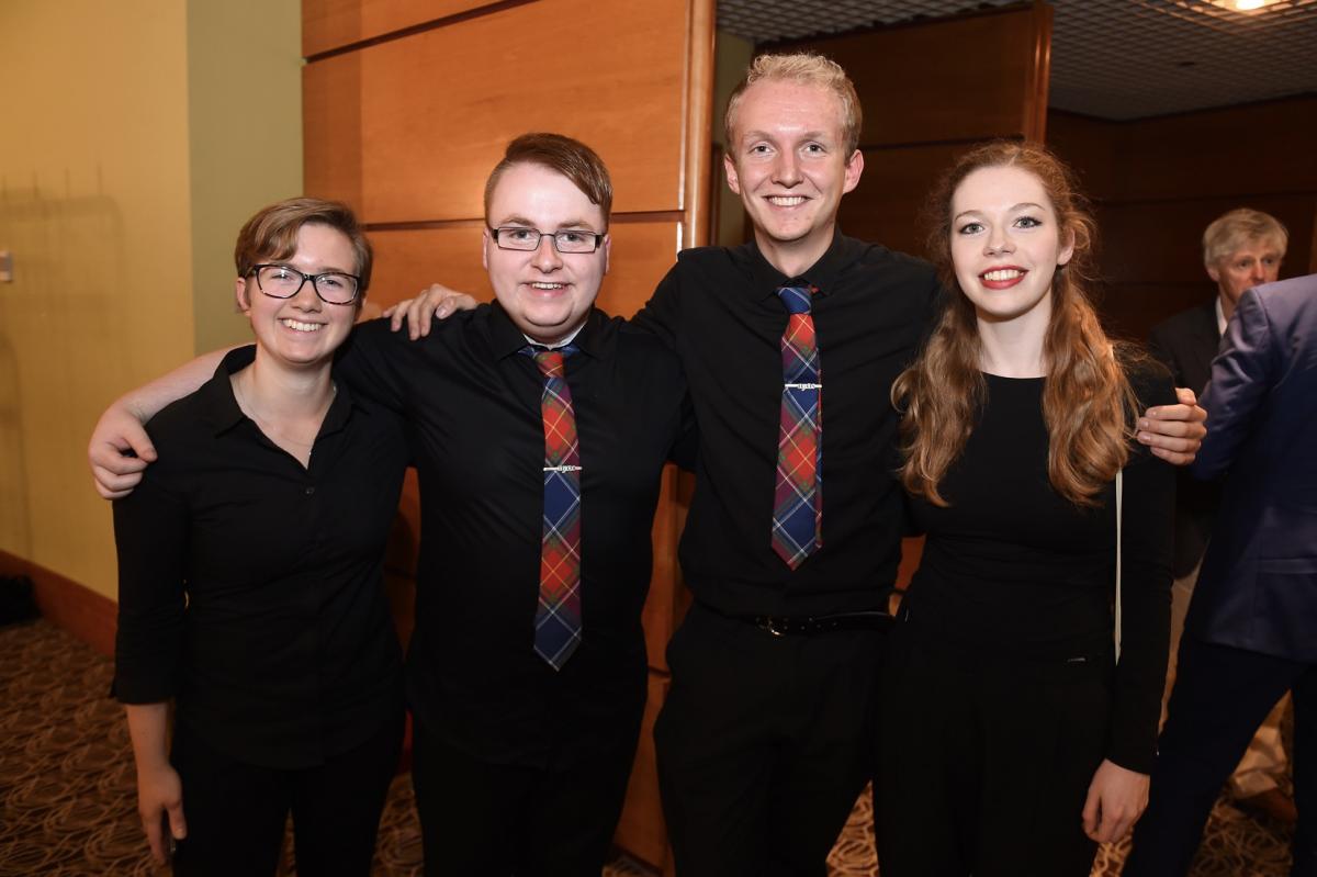 Left to right: Robyn Blair (Principal French Horn), Andrew Mellor (Clarinet), Joe Hodson (First Violin) and Roanna Tait (First Violin) at the post concert reception, Glasgow Royal Concert Hall, 5 August 2017