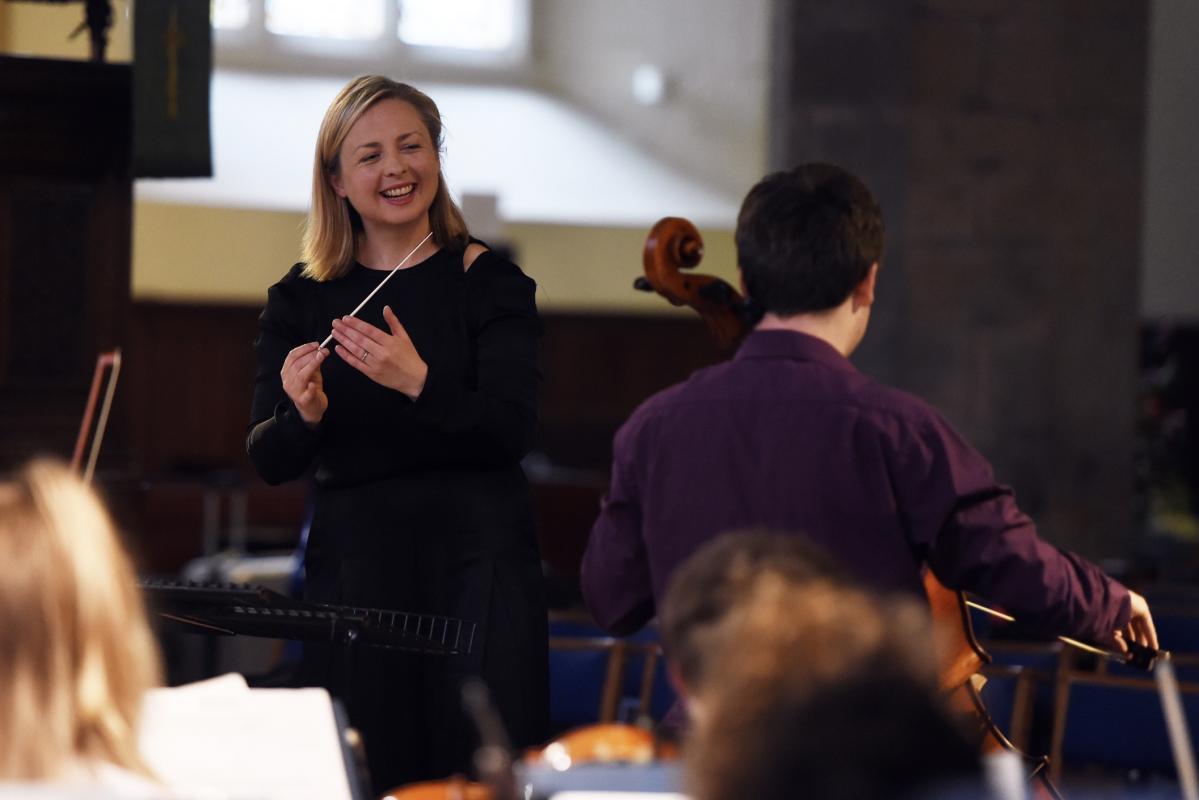 Conductor Holly Mathieson with cellist Findlay Spence at Greyfrairs Kirk in Edinburgh, July 2017
