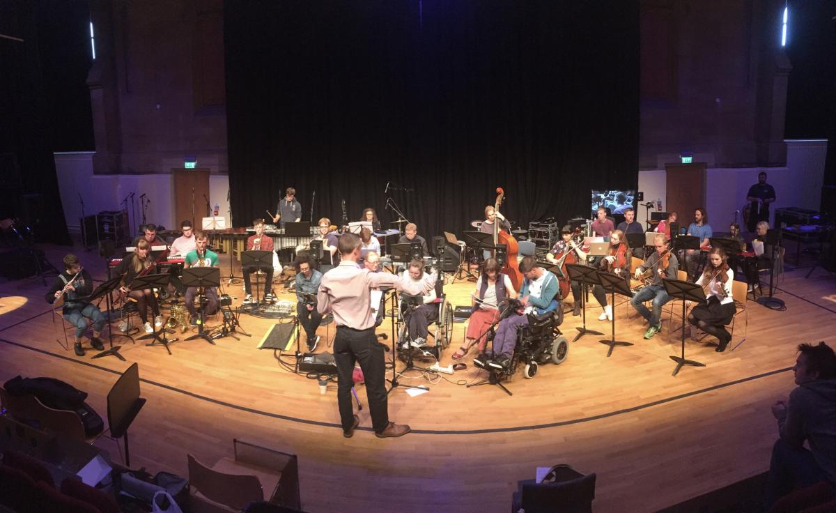 Final rehearsals of Microscopic Dances with composer Oliver Searle, Drake Music Scotland\'s Digital Orchetra and NYOS Futures at the Tom Fleming Centre, Stewart’s Melville College, Edinburgh