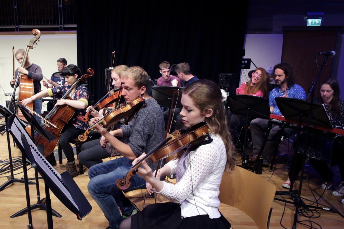 <p>NYOS Futures strings section rehearsing with Drake Music Scotland\'s Digital Orchestra at the Tom Fleming Centre, Stewart’s Melville College, Edinburgh. 10 August 2017</p>