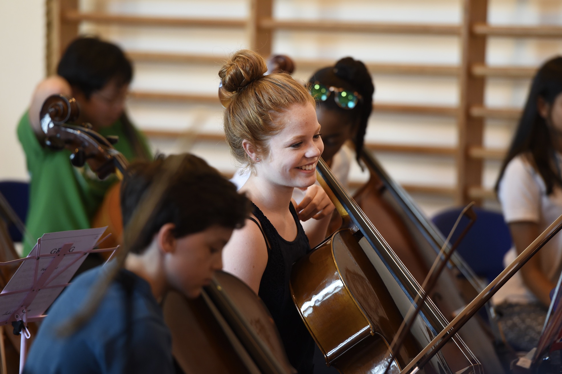 Happy anticipation among the cellists awaiting the arrival of a very special guest, July 2018 
