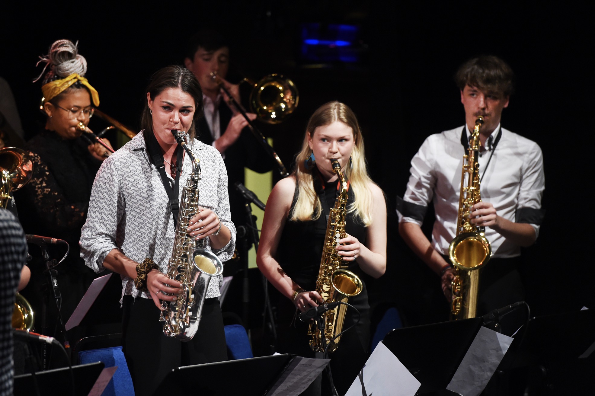 Saxophonists Appin Mackay-Champion, Tallulah Molleson and Jack Schendel performing at Edinburgh Jazz & Blues Festival hub venue, Teviot Row, 22 July 2018