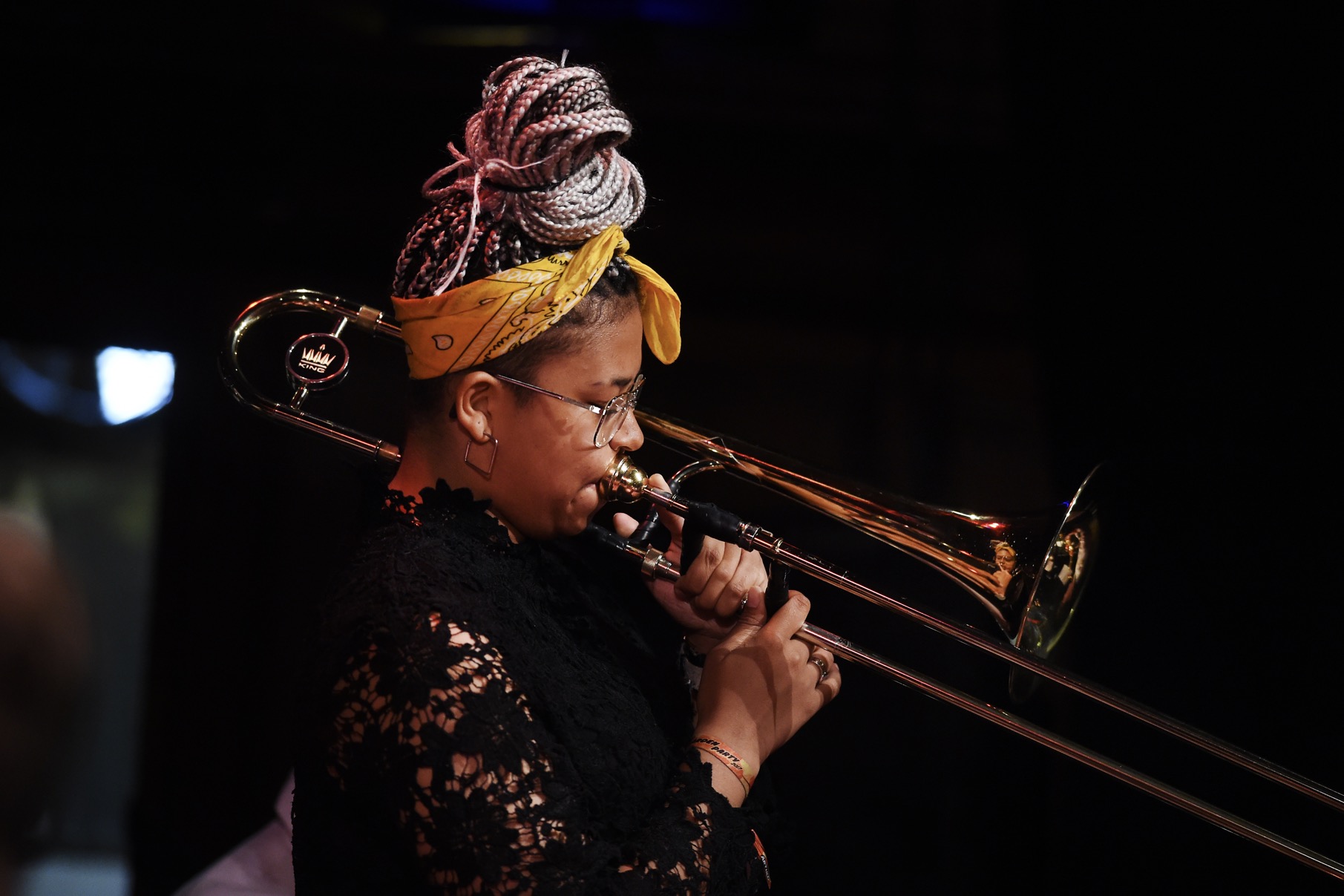 Trombonist Anoushka Nanguy performing at Edinburgh Jazz & Blues Festival hub venue, Teviot Row, 22 July 2018