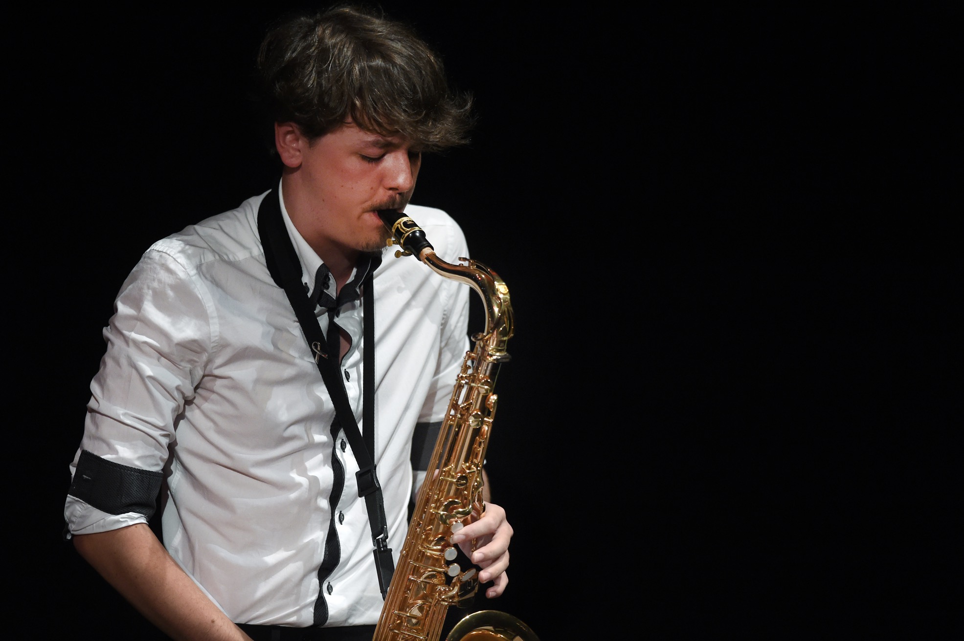 Saxophone solo from Jack Schendel at Edinburgh Jazz & Blues Festival hub venue, Teviot Row, 22 July 2018