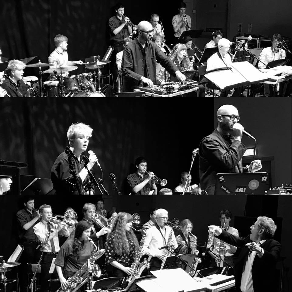 Composite image of Jason Singh and the Jazz Orchestra perfoming at the Tolbooth, Stirling, October 2018.