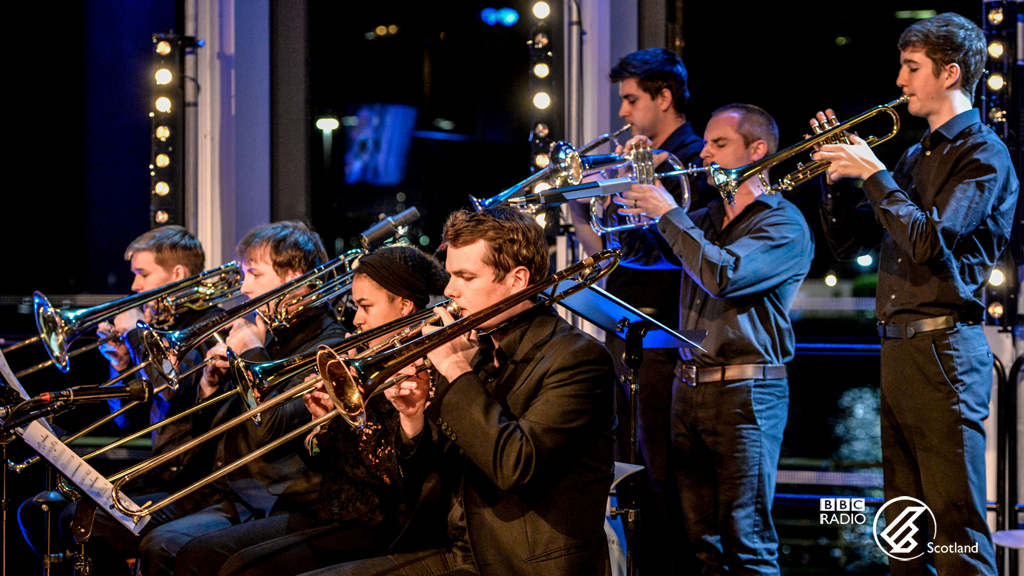 Brass section performing at BBC Radio Scotland\'s Jazz Nights at the Quay, October 2018. Photograph by Karen Miller, courtesy of BBC Scotland