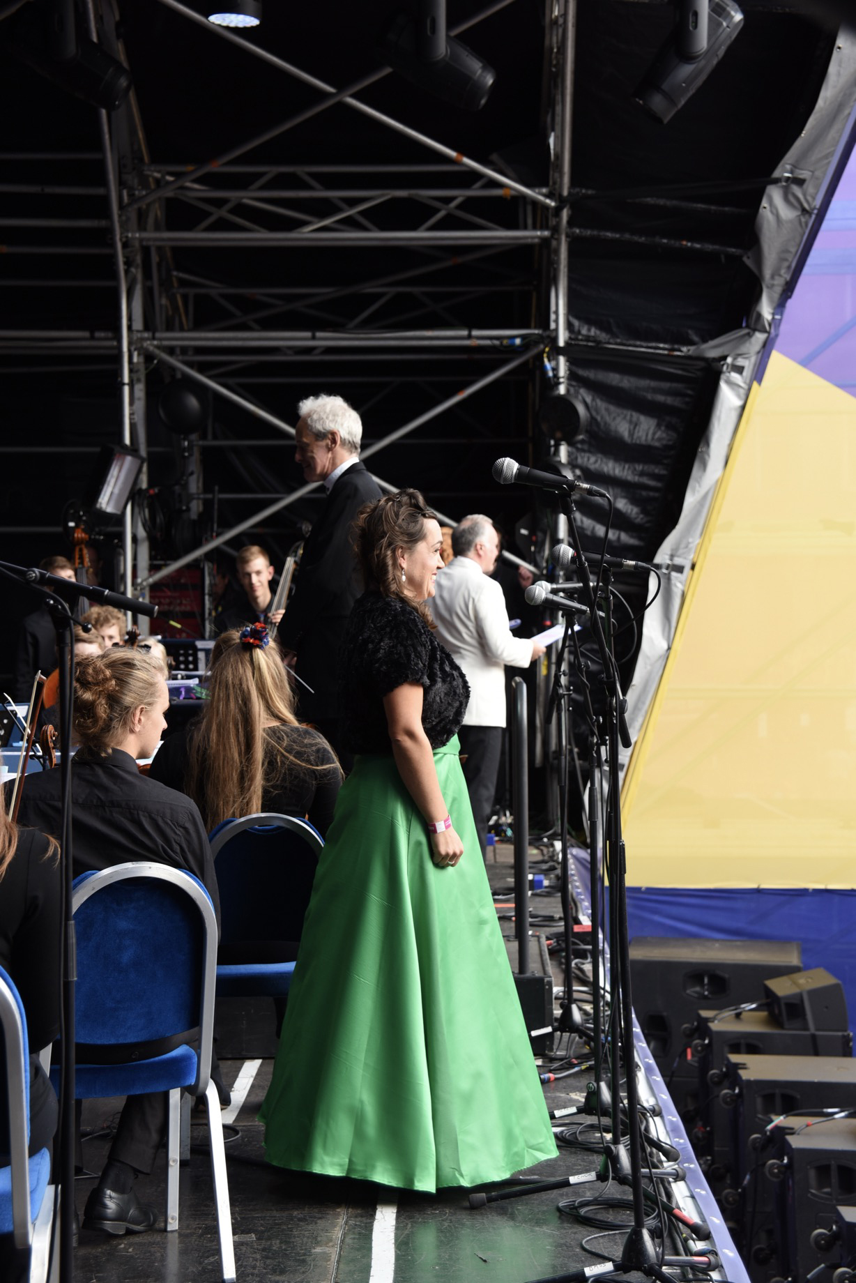 Mezzo-soprano Rebecca Afowny-Jones on stage with the Orchestra in Glasgow\'s George Square. Part of Festival 2018, Glasgow\'s cultural celebrations that ran alongside the European Championship Games, August 2018.